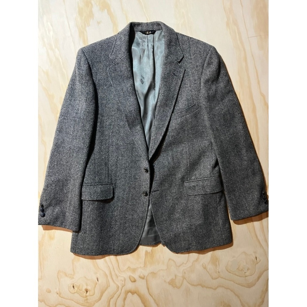 Mens DAKS Grey Herringbone Wool Blend Blazer Jacket Sport Coat Two Button Size L